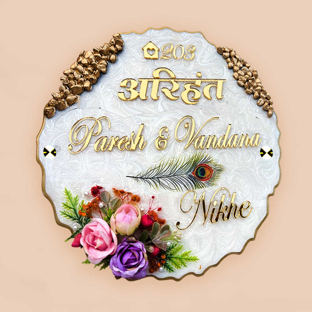 Personalized White Floral Theme Round Resin & Acrylic Waterproof Name Plate