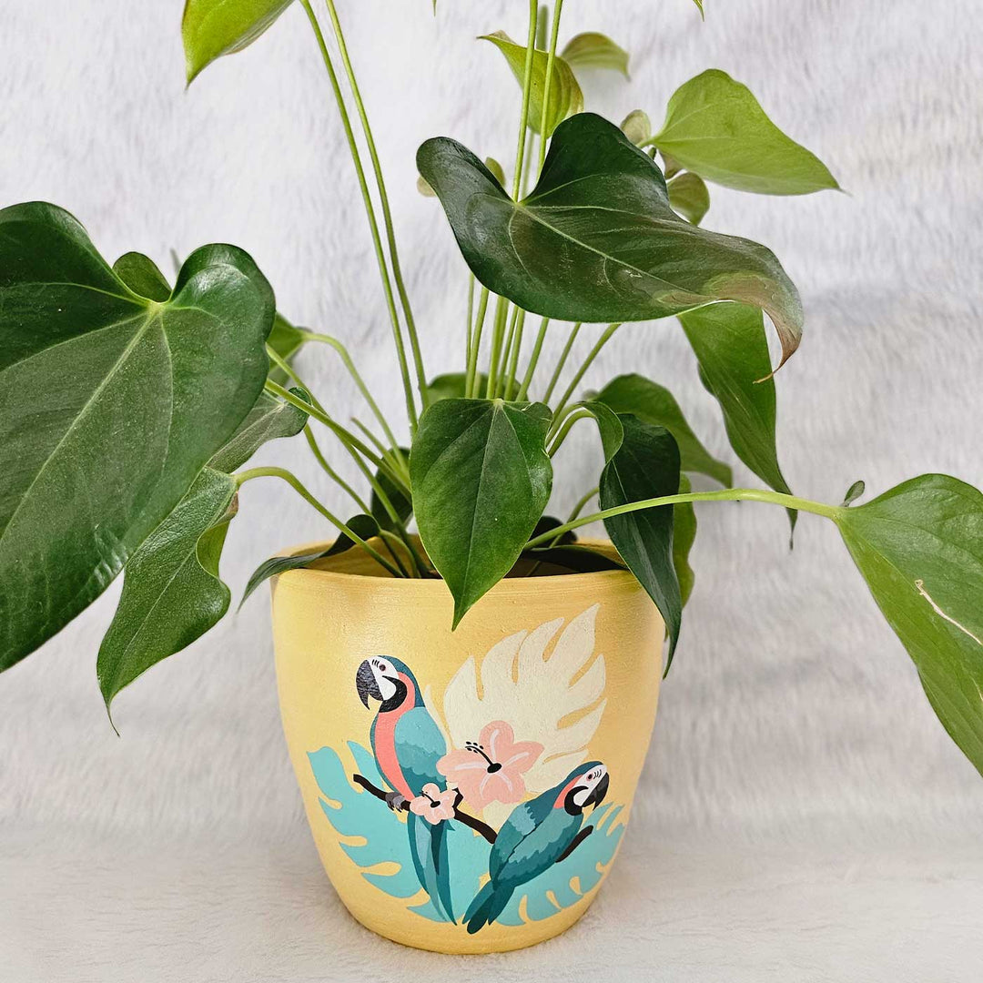 Hand-Painted Yellow Tropical Parrot Terracotta Planter Pot