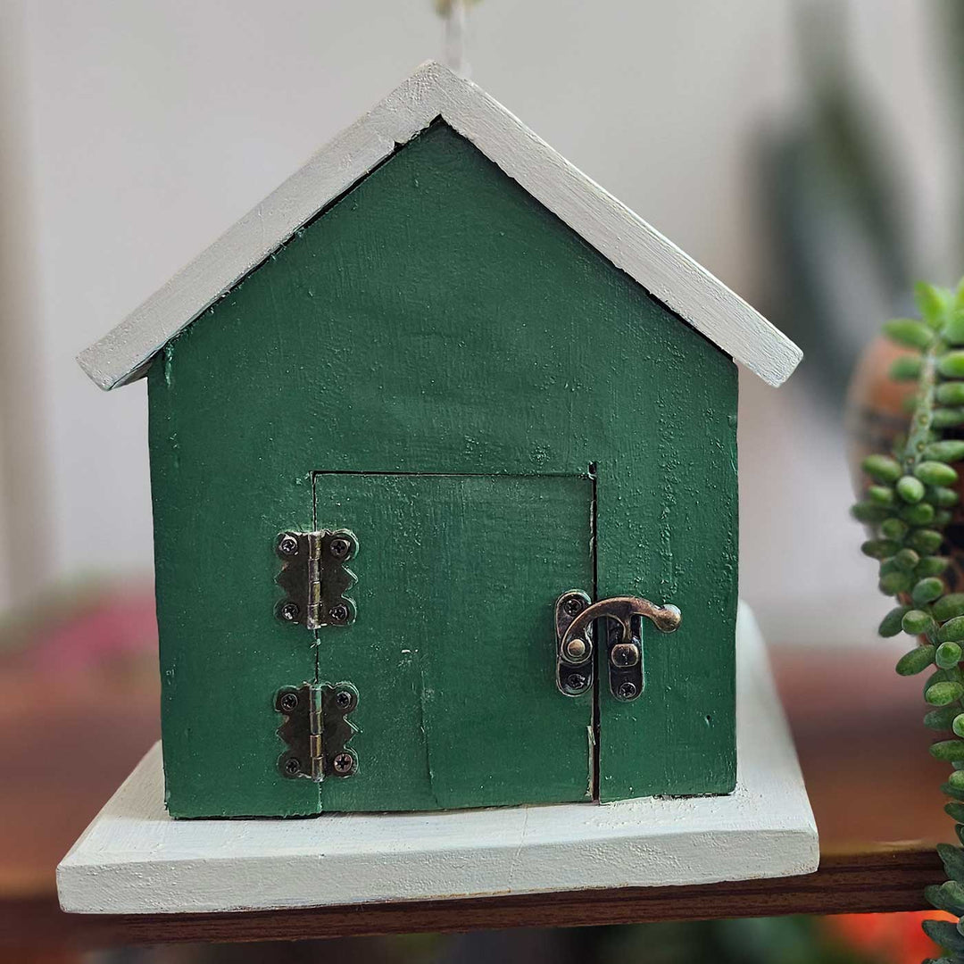 Hand-Painted Green & White Bird House