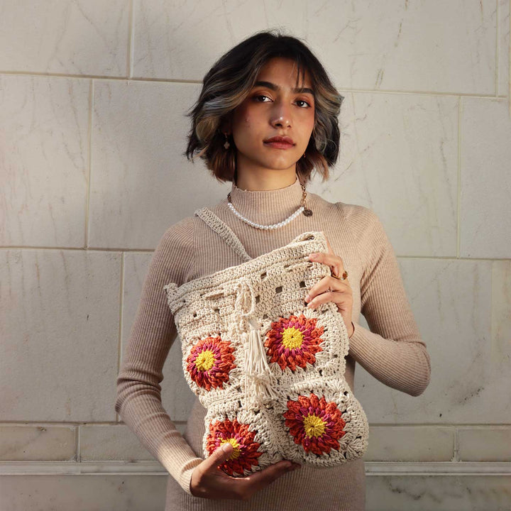 Handmade Crochet Floral Patch Shoulder Bag