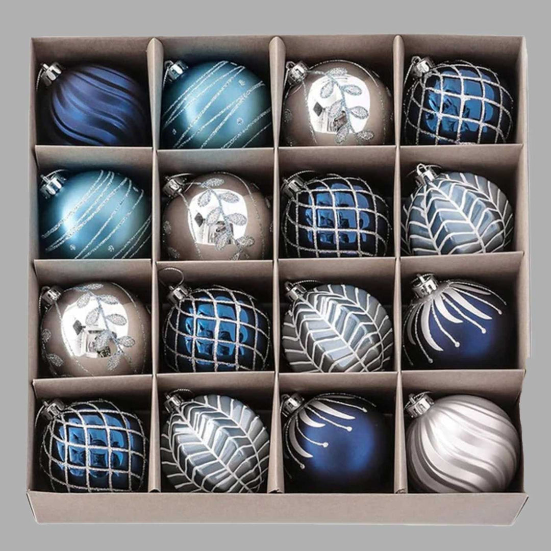 Blue & Silver theme Christmas Ball Ornaments For Decoration | Set of 16