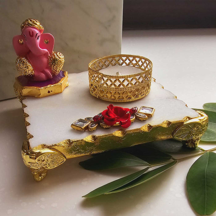 Handmade Pink Ganesha With Marble Pooja Chowki And Tea Light Holder