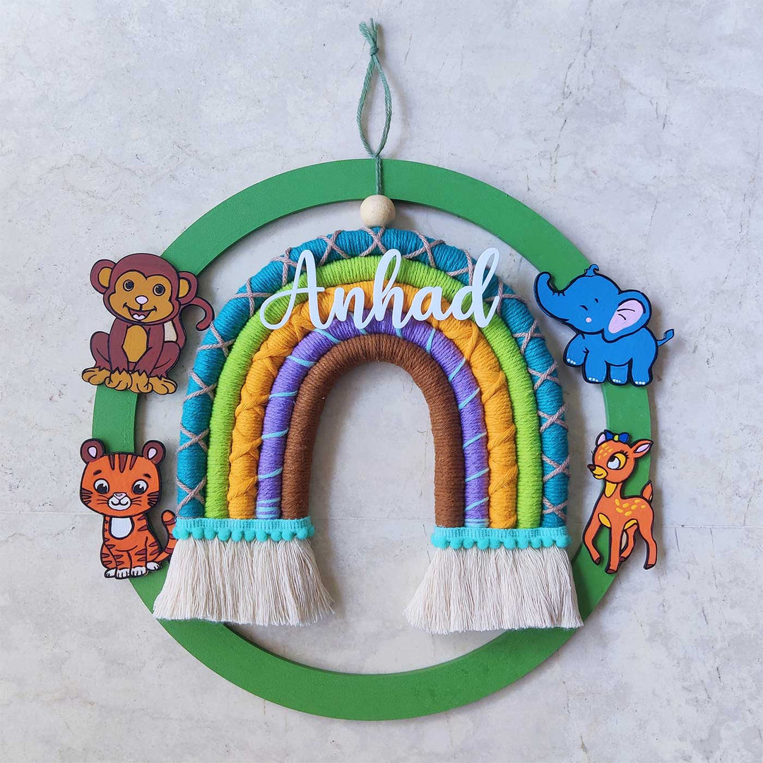 Personalized Handmade Macrame Jungle Ring & Rainbow Kids Name Plate With 3D Letters