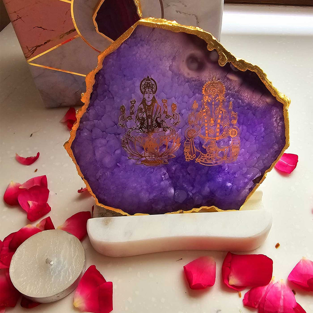 Handmade Purple Laxmi Ganesha Agate Decor With Marble Tea Light Holder