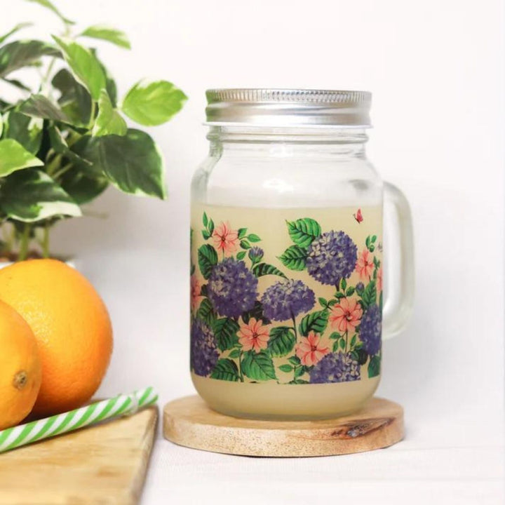 Botanical Print Mason Jar with Metal Lid & Straw | 500 ml