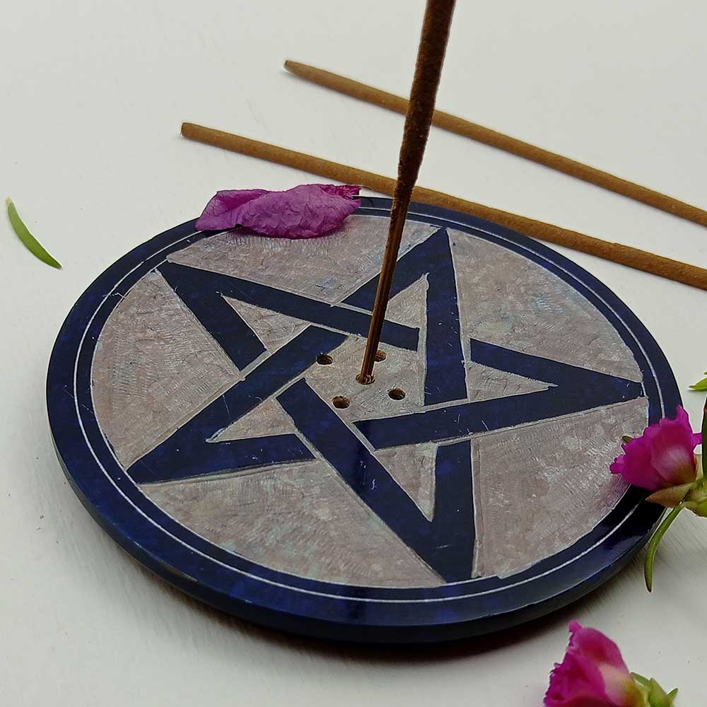 Handmade Blue Givon Pentacle Soapstone Incense Stick Holder | Set of 2