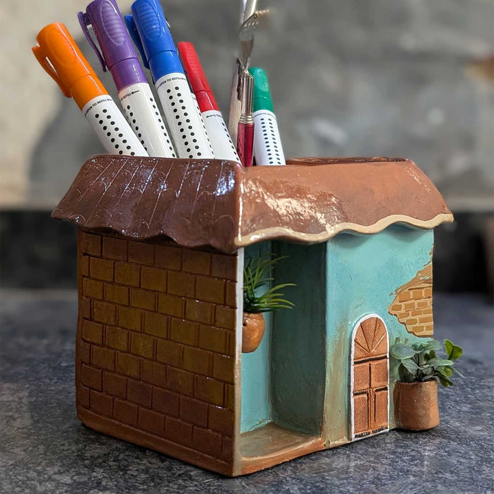 Personalized Hand-Painted House Shaped Terracotta Pen Holder