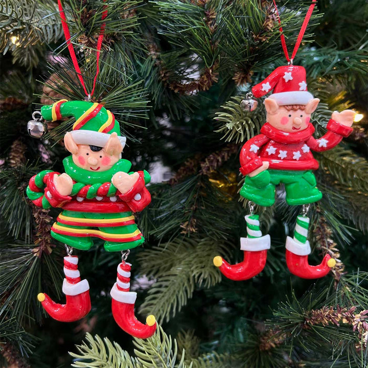 Handmade Elves With Dangling Legs Clay Ornaments For Christmas Tree Decoration | Set Of 2