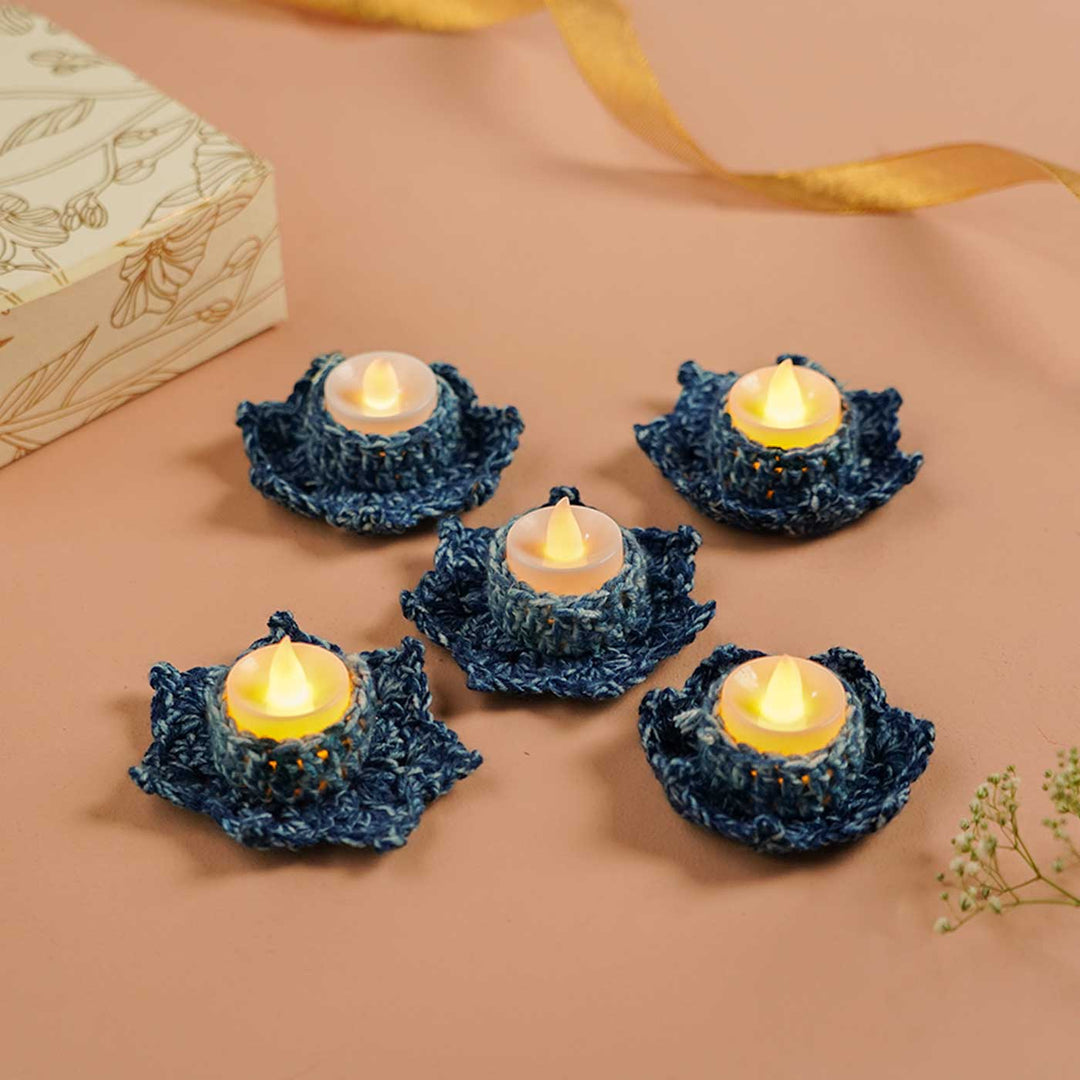 Handmade Crochet Indigo Tealight Holder | Set Of 5