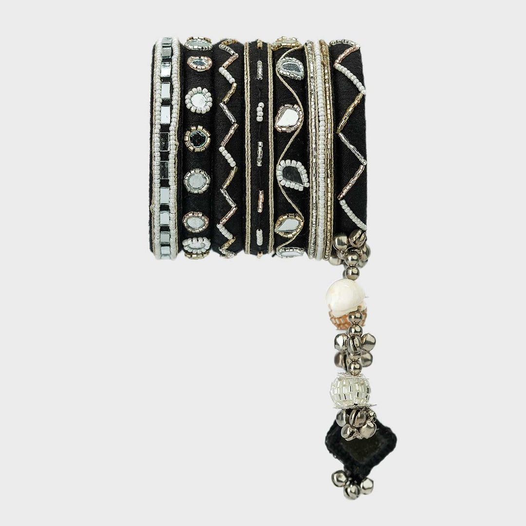 Black & Silver Handcrafted Rachana Mirror & Bead Bangles With Hanging | Set of 7