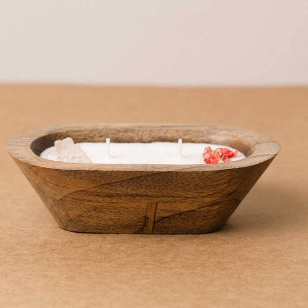 6 Inch | Handmade Wooden Boat Shaped Wax Scented Candle With Dry Flowers & Stones