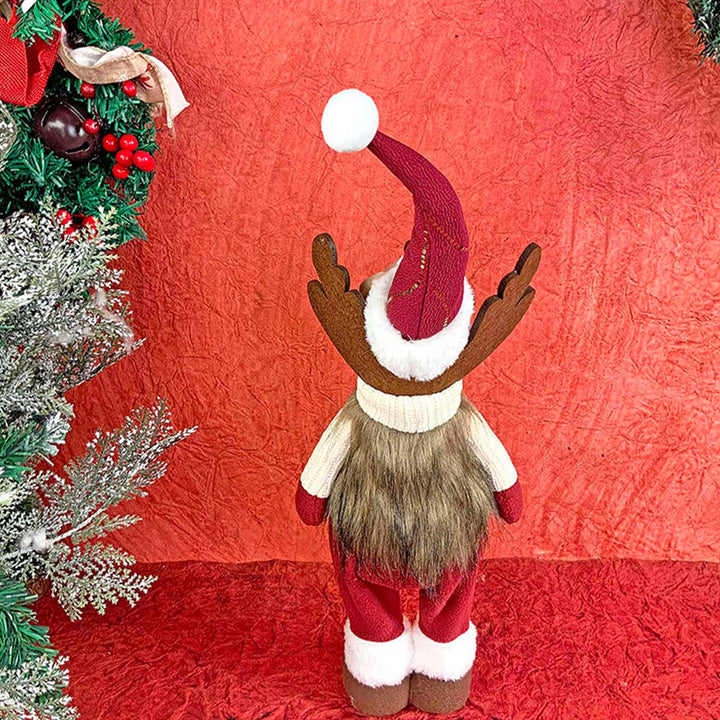 Cream Maroon Gold Self-Standing Reindeer Woolen Decor For Christmas Table Decoration