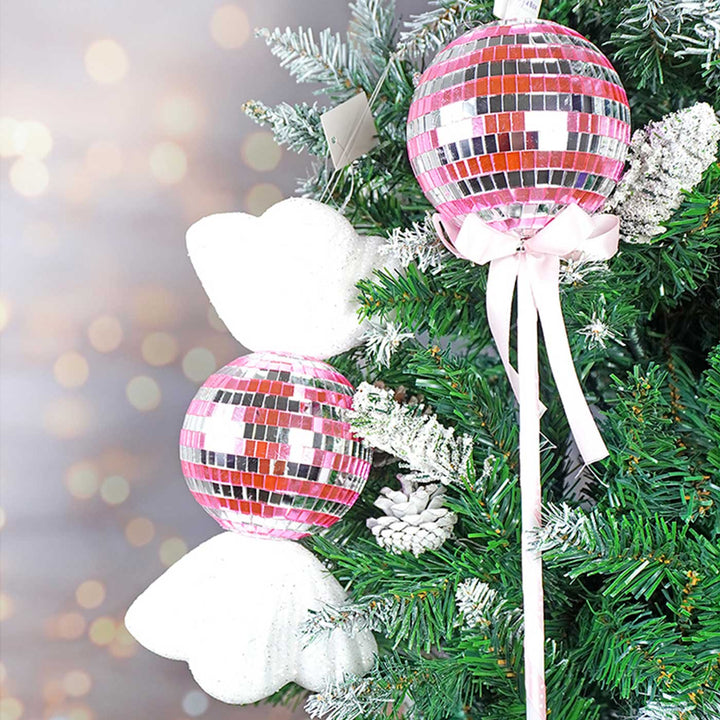 Handmade Pink Shiny Disco Themed Candy Shaped Ornaments For Christmas Tree Decoration | Set Of 2