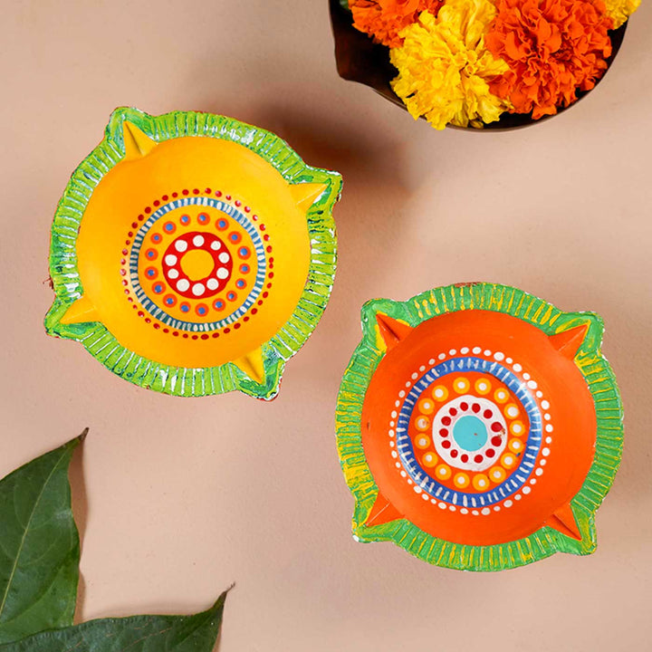 Handmade Big Star Clay Oil Lamp / Diya | Set of 2