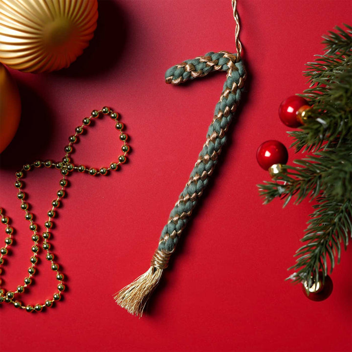 Handmade Green Candy Cane Macrame Ornament For Christmas Tree Decoration