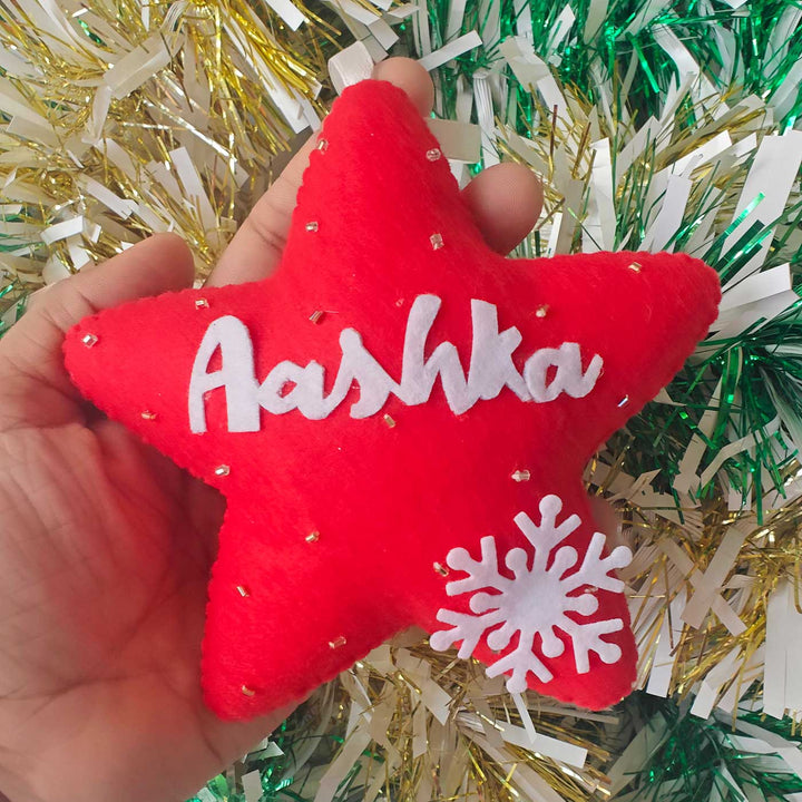 Personalized Red Star With Snowflake Felt Ornament For Christmas Tree Decoration