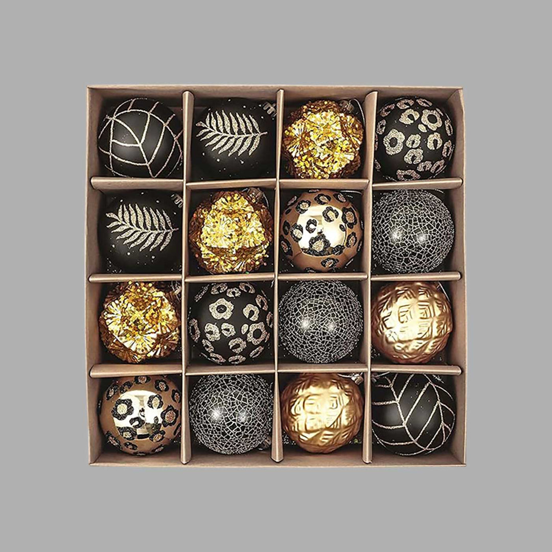 Black & Gold theme Shimmer Christmas Ball Ornaments For Decoration | Set of 16