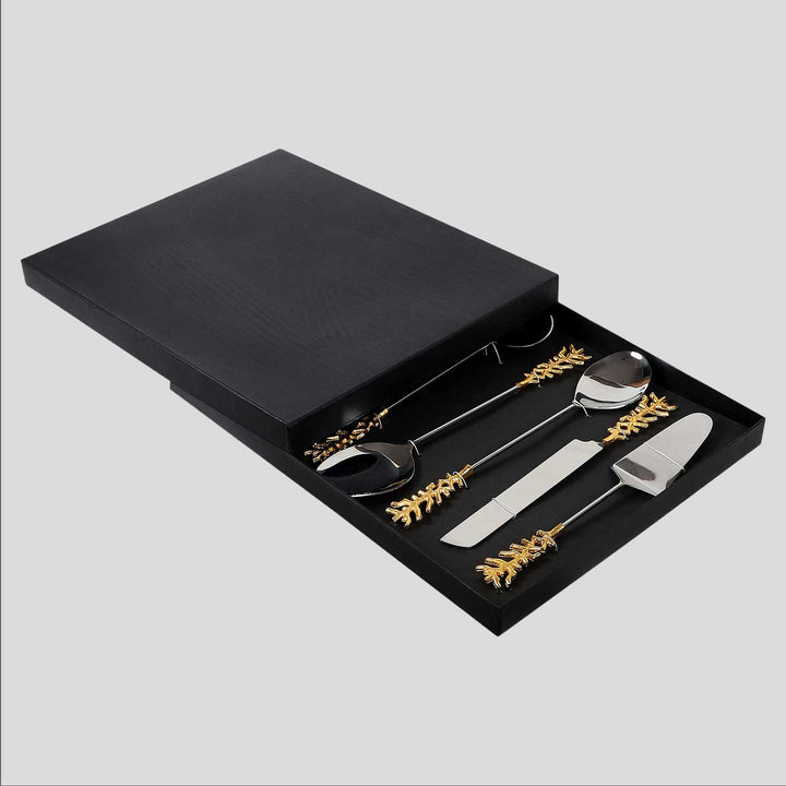 Handmade Gold Stem Design Steel Serving Set | Set Of 8