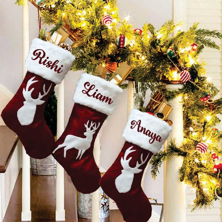 Personalized Reindeer Furry Band Velvet & Fur Stockings For Christmas Decoration