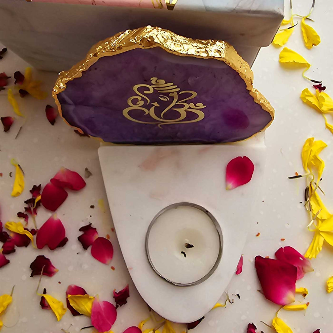 Handmade Purple Ganesha Agate Decor With Marble Base Tea Light Holder