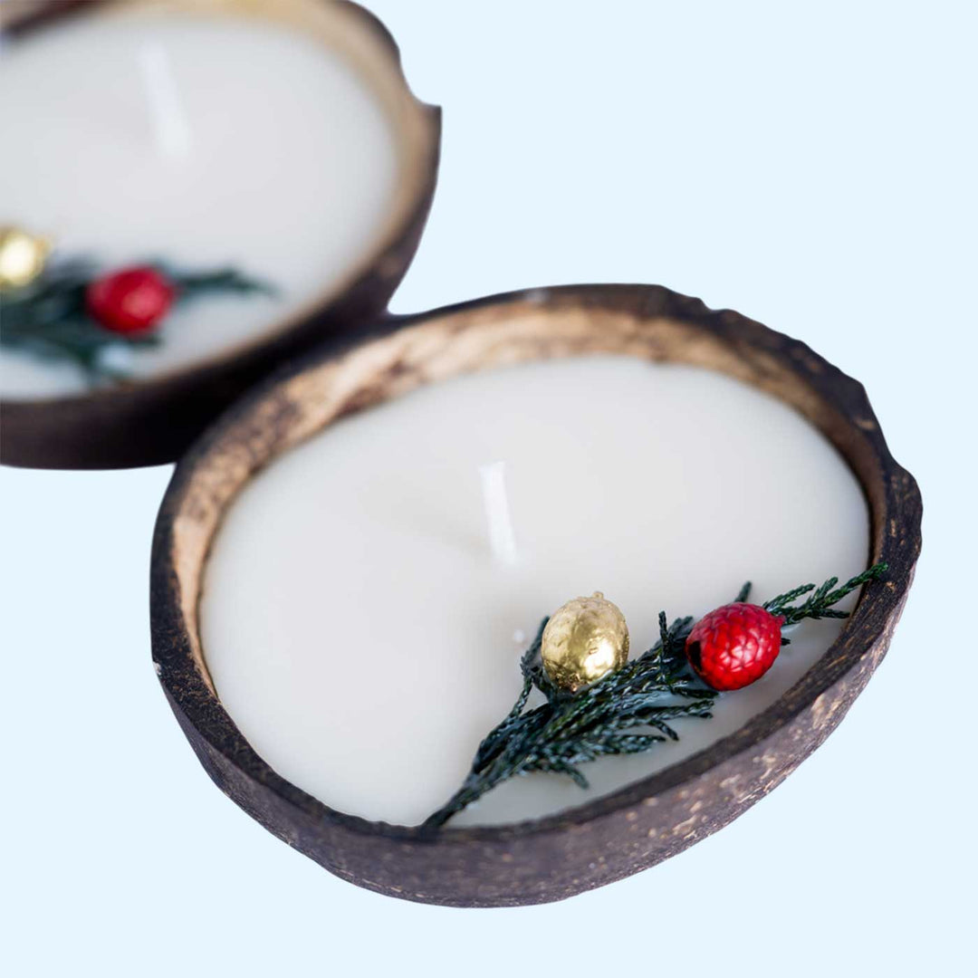 Eco-friendly Handmade Scented Coconut Shell Candles For Christmas Decoration | Set Of 2