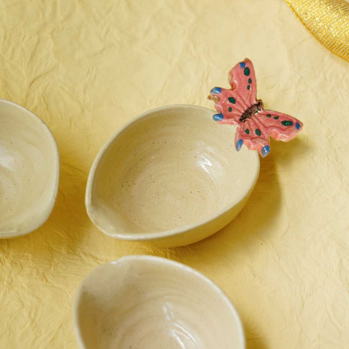 Handmade White with Pink Butterfly Ceramic Oil Lamp / Diya | Set of 4