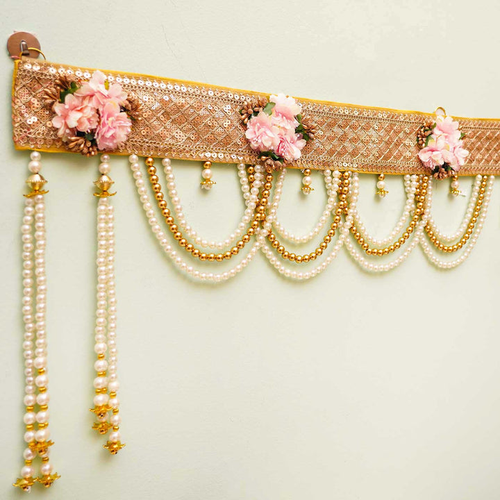 Handmade Gold And White Moti Toran With Pink Flowers