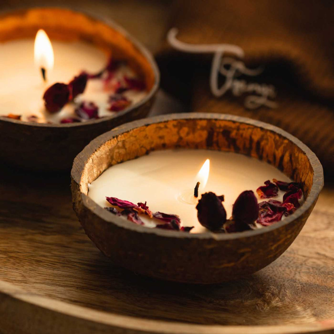 Eco-friendly Handmade Rose Scented Coconut Shell Candle | Set Of 2