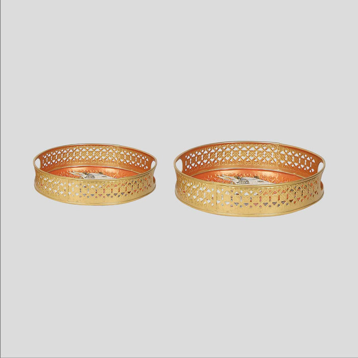 Handmade Round Orange Pichwai Tray | Set Of 2