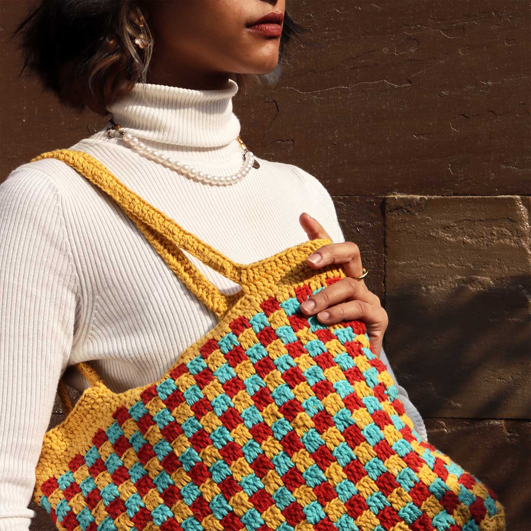 Handmade Crochet Checkered Shoulder Bag