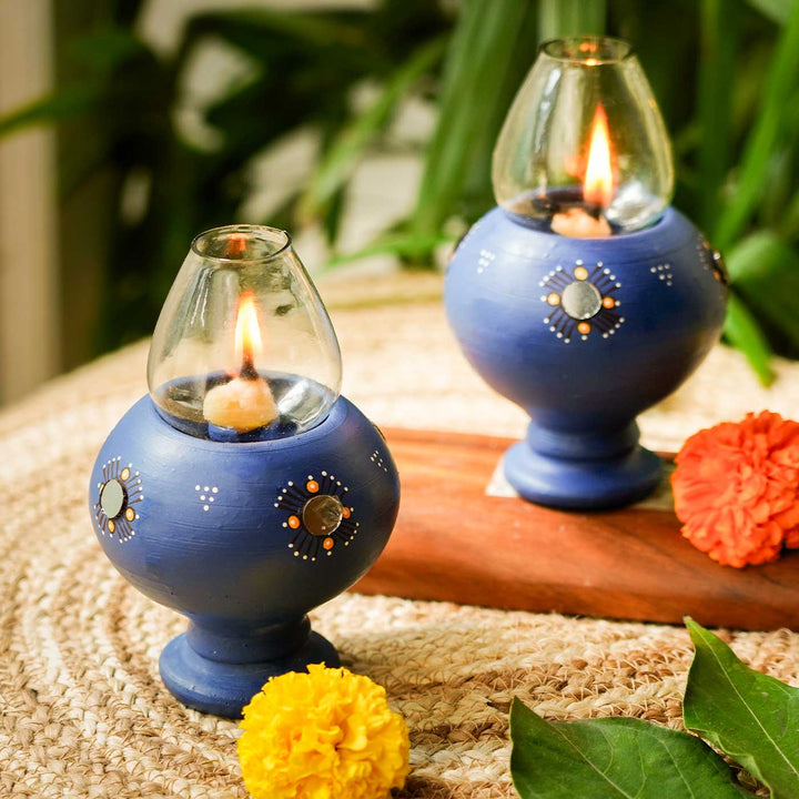 Handmade Persian Blue Terracotta Oil Lamp / Diya | Set Of 2