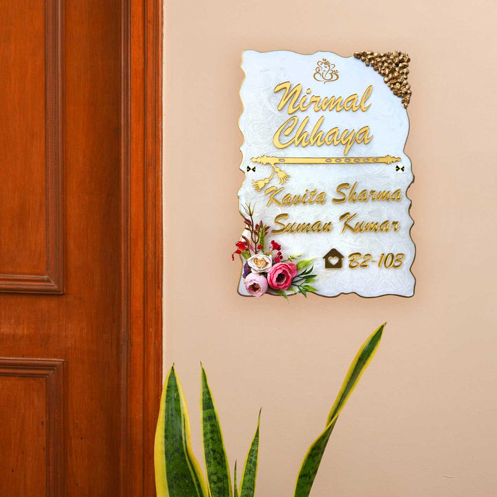 Personalized White Floral Theme Vertical Resin & Acrylic Waterproof Name Plate