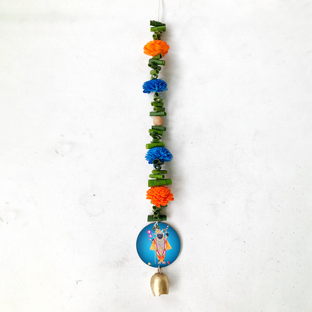 Handmade Divine Blue Krishna With Shola Flowers Wooden Hanging