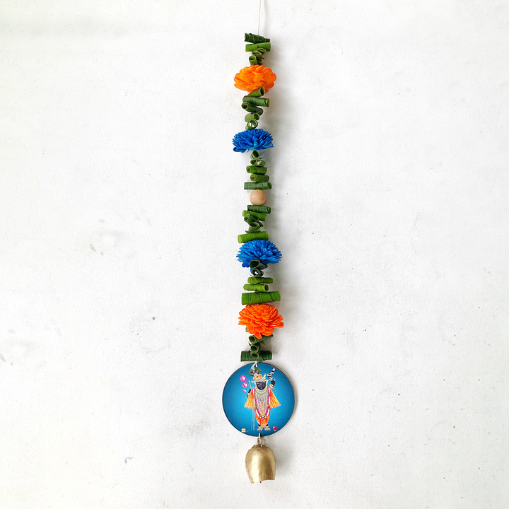 Handmade Divine Blue Krishna With Shola Flowers Wooden Hanging