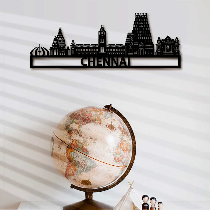 Printed Black Wooden Chennai City Skyline Wall Decor