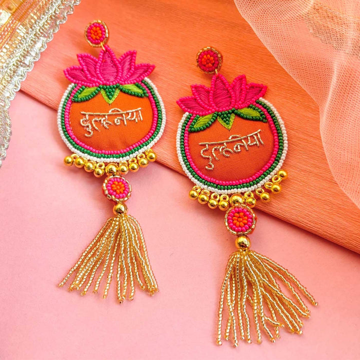 Handmade Pink & Orange "Dulhaniya" Beaded Earrings for Bride