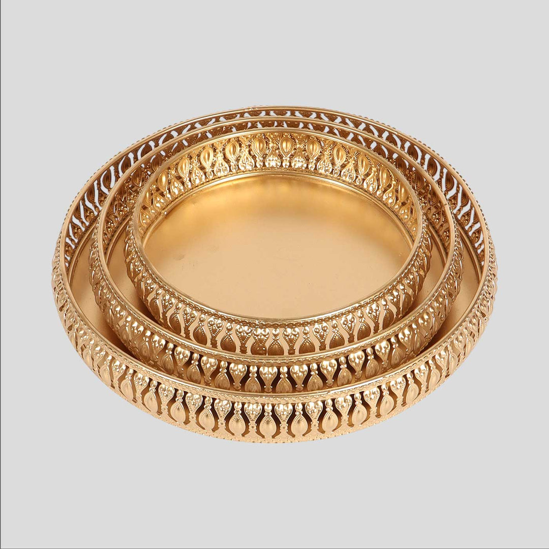 Handmade Round Etching Gold Tray | Set Of 3