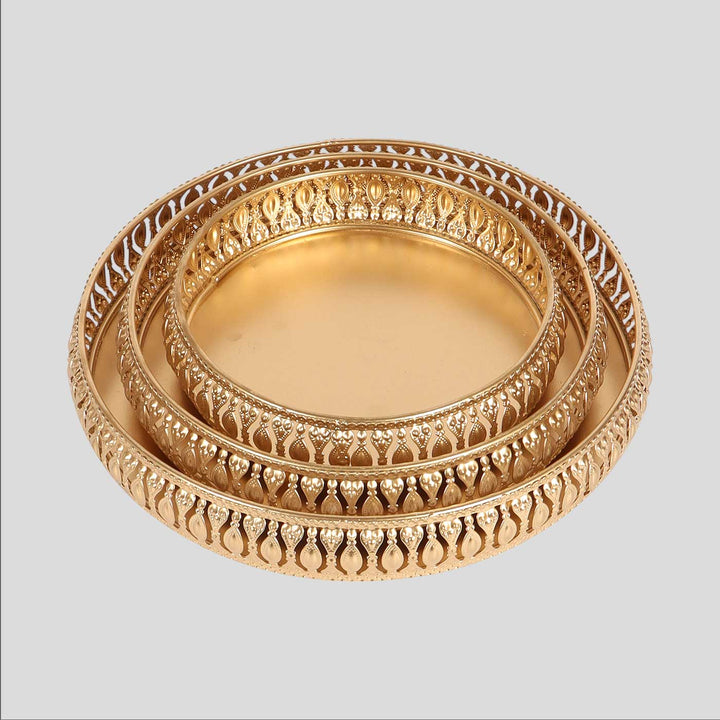 Handmade Round Etching Gold Tray | Set Of 3