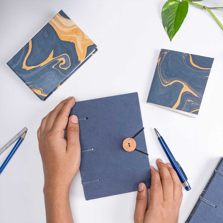 Handmade Unruled Blue Button Journal, Notepad & Pocket Diary | 120 Gsm | Set Of 3