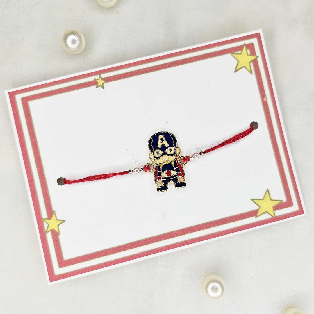 Handmade Captian America Metal Kids Rakhi With Roli Chawal