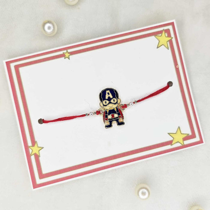 Handmade Captian America Metal Kids Rakhi With Roli Chawal