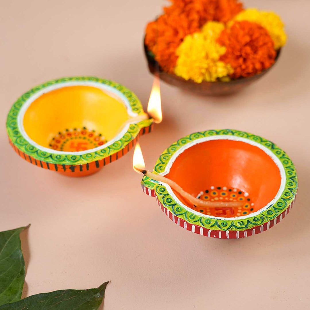 Handmade Big Round Clay Oil Lamp / Diya | Set of 2