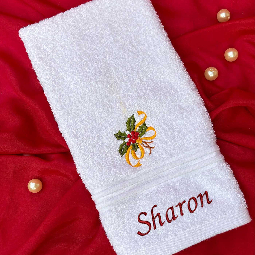 Personalized Holly Leaves Embroidered Cotton Hand Towel | Xmas Gifting Ideas