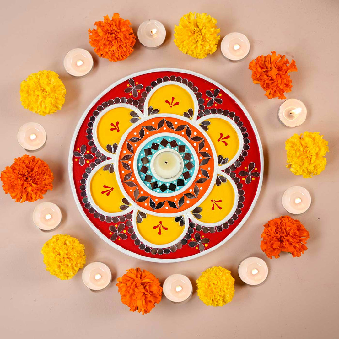 Handmade Lippan Rangoli Wooden Tealight Holder