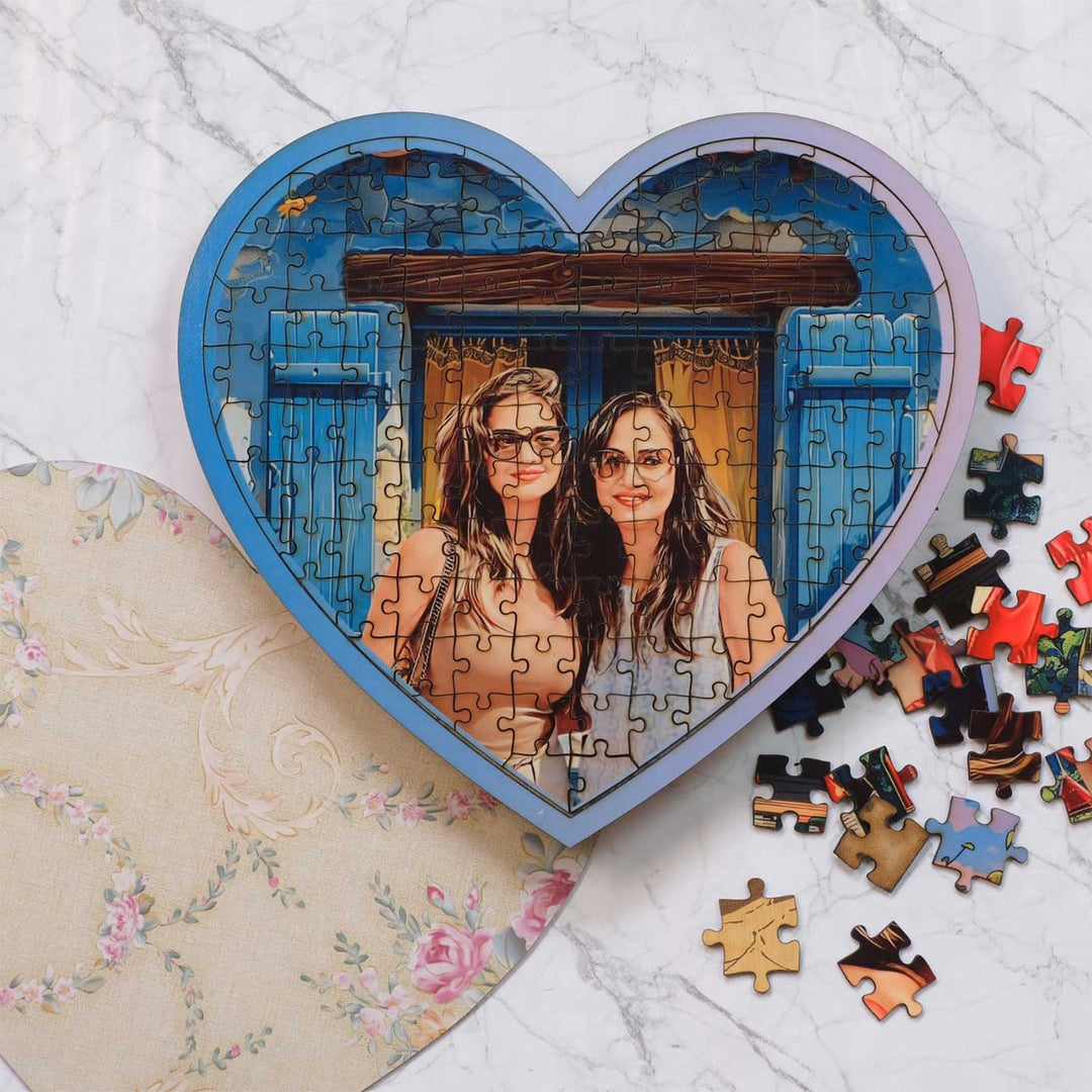 Photo Personalized Modern Blue Heart Shaped MDF Wood Puzzle