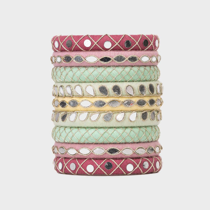 Multicolour Handcrafted Janya Cotton Thread & Mirror Work Bangles | Set of 9