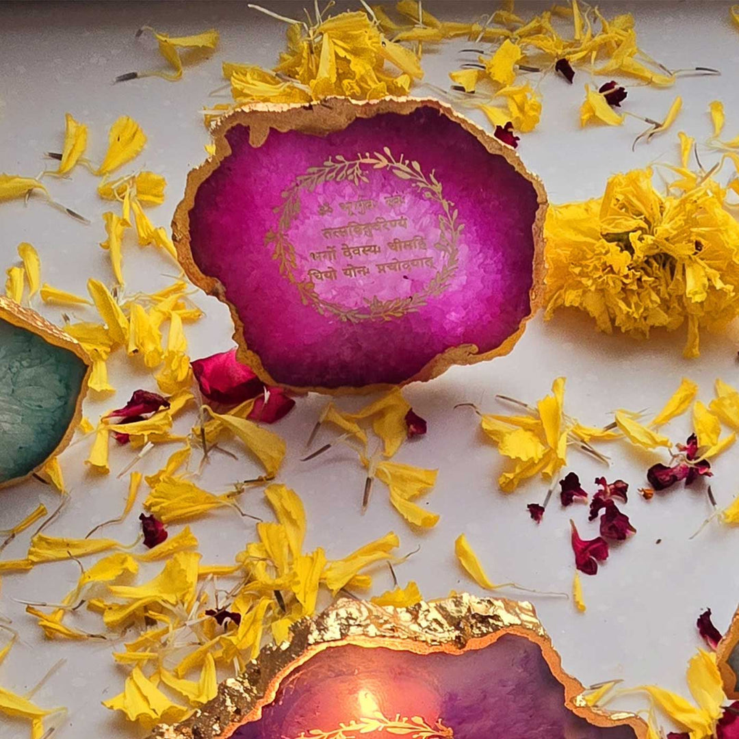 Handmade Pink Gayatri Mantra Agate Stone Tea Light Holder