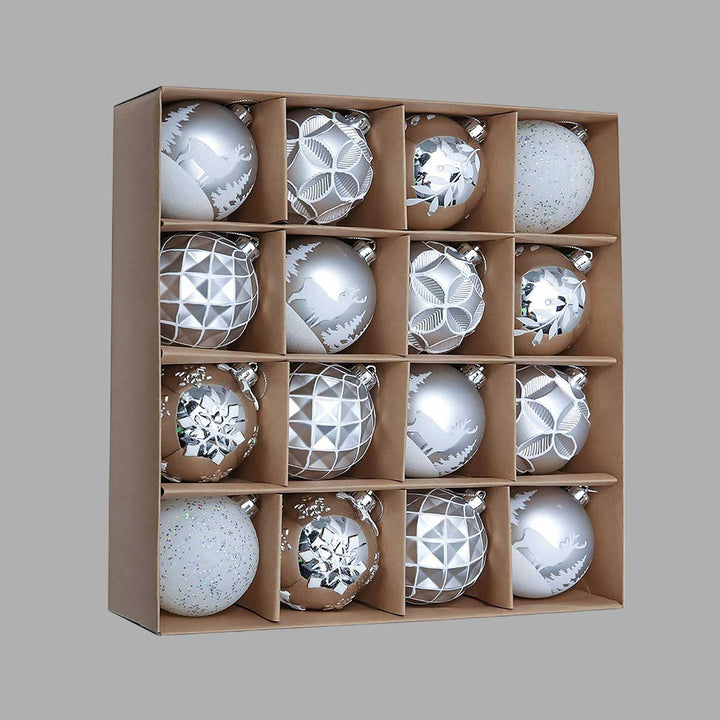 Silver & White Disco Shimmer theme Christmas Ball Ornaments For Decoration | Set of 16