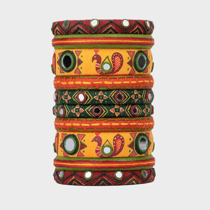 Yellow & Maroon Handcrafted Malika Peacock Bangles | Set of 10