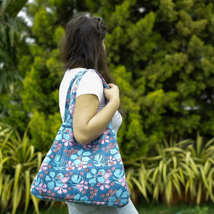 Block Printed Floral Breeze Convertible Quilted Cotton Tote Bag